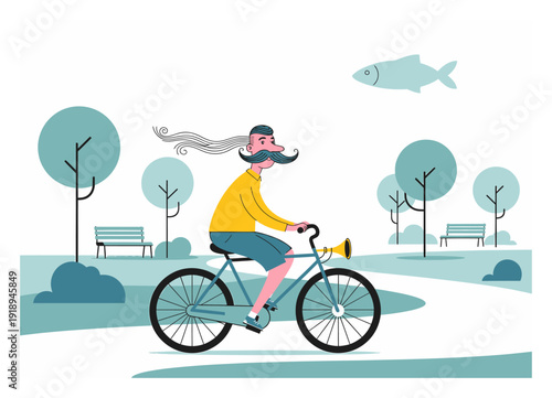 Cyclist in Park - Flat Vector Illustration