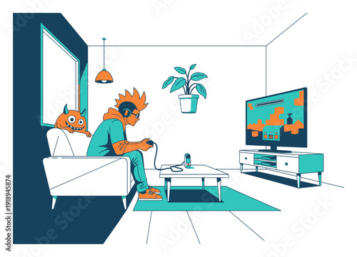 Gamer in Modern Living Room - Vector Illustration