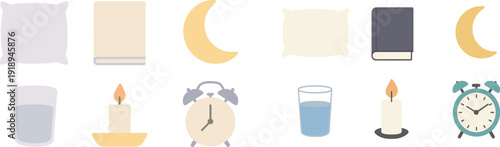Soft pillow, warm blanket, glass of water, glowing candle, clock, and crescent moon create a serene nighttime environment ideal for sleep and relaxation.