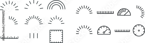 Different geometric line designs are displayed, featuring arcs, semi-circles, and a ruler. Useful for creative designs or educational materials in geometry.
