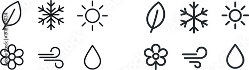 Icons depict various elements of nature, showcasing a leaf, snowflake, sun, flower, wind, and water drop in a minimalist design. These symbols represent the four seasons and natural cycles.