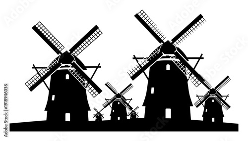 Windmill Farm Vector - Black & White Silhouette