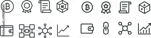 Variety of minimalist icons representing concepts like cryptocurrency, digital wallets, and blockchain. These symbols reflect the evolution of finance in a digital age.