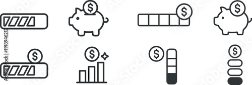 Various icons illustrate financial concepts, including a loading bar, a piggy bank receiving coins, and rising charts to depict savings and investment growth.