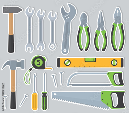 Stickers with construction and repair hand tools. Set with pliers, tape measure, handsaw, spirit level, saw, hammer, wrenches, screwdrivers, nails isolated on gray