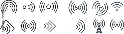 Various line art symbols represent sound waves and vibrations. The design features circular, triangular, and arrow shapes that convey energy and movement.