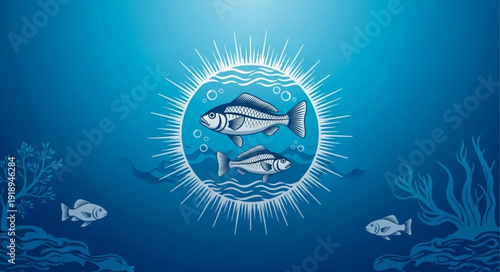 Two stylized fish swimming inside a glowing sun-like circle underwater.