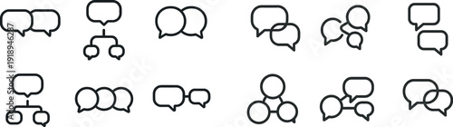 Different symbols representing communication and interaction are displayed. Various speech bubble styles show conversational dynamics and connection types, suggesting dialogue and collaboration.
