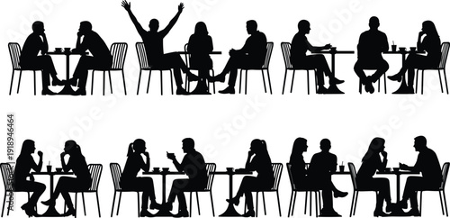 People sitting at cafe tables silhouette vector illustration, social interaction, conversation scenes, restaurant meeting couples isolated on white background