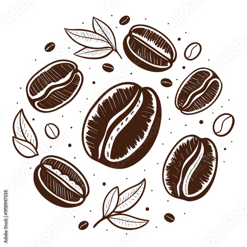 Hand Drawn Coffee Beans and Leaves Circle Design