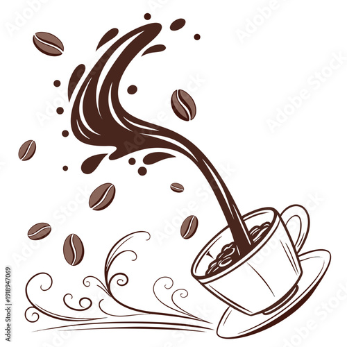 Dynamic Coffee Pour Splash with Beans and Swirls - Illustration