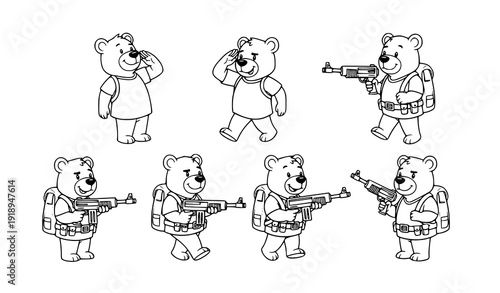 Cute Bear Soldier Line Drawing – Cartoon Animal Characters Outline Vector Pack