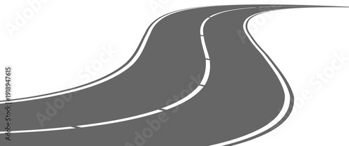 Winding road. Traveling along a curved highway. Background of the road to the horizon in perspective. Curvy asphalt empty line isolated vector concept.