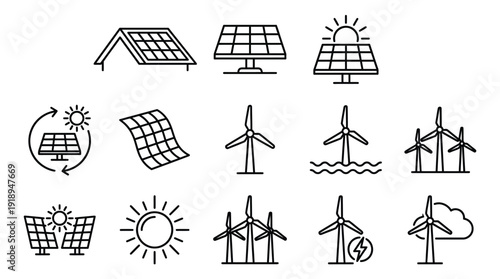 Renewable Energy Line Icons Set – Solar Panel, Wind Turbine, Hydropower and Green Energy Outline Vector Collection