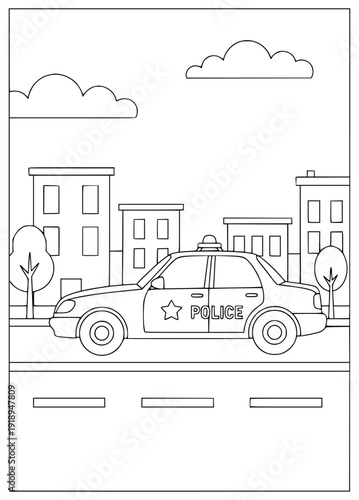 Police car coloring page for kids shows a patrol vehicle on a city street