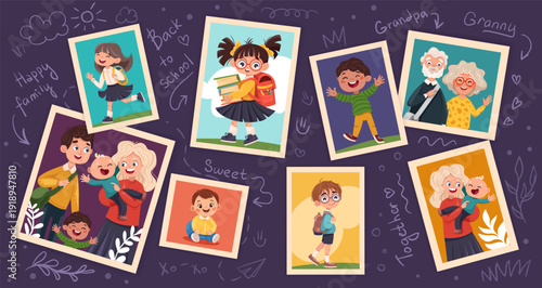 Family photos with Parents and kids portrait in frames. Memory pictures with grandparents, children. Vector cartoon illustration