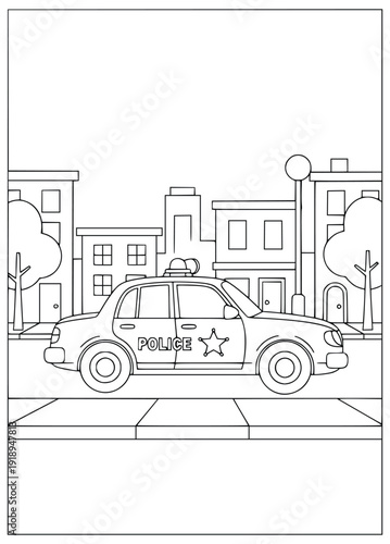  Police car coloring page for kids with patrol vehicle on city street
