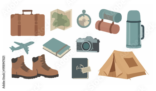 Retro Travel and Outdoor Equipment Illustration – Passport and Exploration Gear Vector Collection