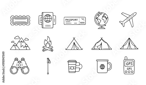 Travel and Camping Line Icons – Passport and Outdoor Adventure Outline Vector Pack