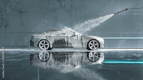 Sports sedan undergoing a thorough cleaning process, covered in thick soap bubbles and being rinsed with a high pressure water stream in a professional car wash bay