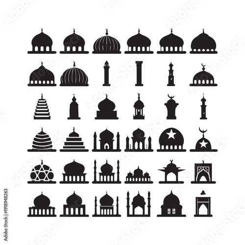 Collection of Islamic Mosque Dome and Minaret Silhouette Icons for Religious Design.