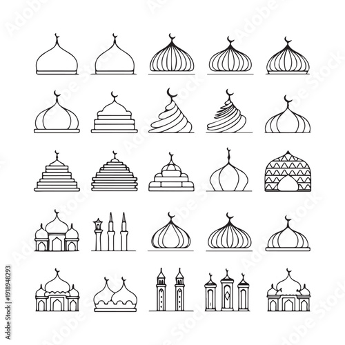 Collection of Islamic Mosque Dome and Minaret Silhouette Icons for Religious Design.