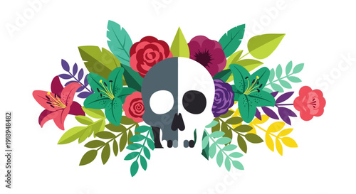 Colorful floral wreath with stylized skull in the center.
