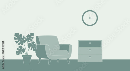 Minimalist illustration of a serene room with a chair and dresser.