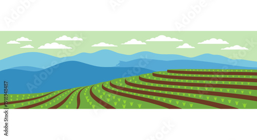 Serene landscape with rolling hills and agricultural fields.