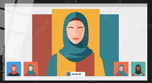 Diverse group of people in a video conference call with a woman wearing a hijab.
