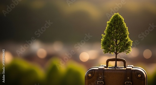 Small green tree growing out of a vintage brown leather suitcase, symbolizing sustainable travel and eco-friendly journeys with a blurred natural background.
