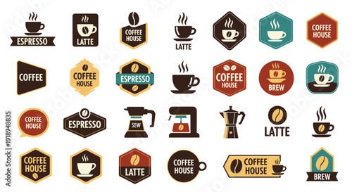 Collection of Coffee-themed Logos and Icons in Various Shapes and Colors.