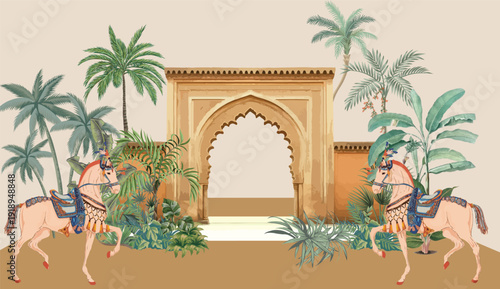 Mughal Garden Illustration, Indian Wallpaper for Print, Palm tree.