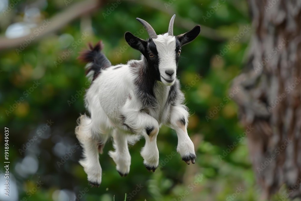 Obraz premium Adorable baby goat jumping and playing in a vibrant green meadow, showcasing its playful nature and youthful energy