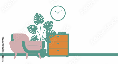 Cozy living room with armchair and dresser illustration.