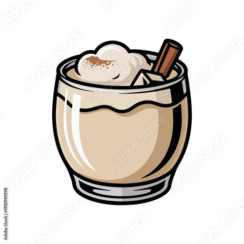 Puerto Rican Coquito Vector Illustration of Creamy Coconut Drink with Cinnamon Stick