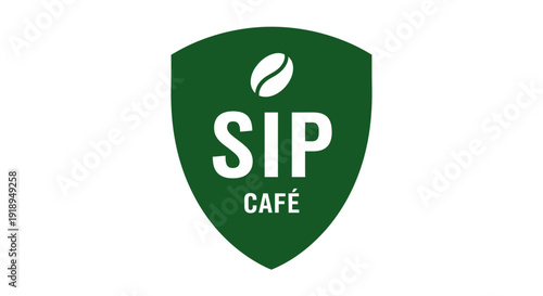 Green shield logo with SIP Cafe text and coffee bean emblem.