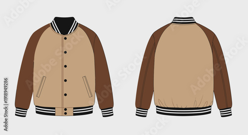 Varsity jacket with brown sleeves and beige body, front and back view.