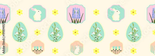 seamless pattern colorful easter eggs. seamless pattern with flowers and rabbits on light egg yellow. hyacinth, lily, tulip and daisy