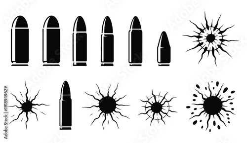 Revolver Bullet and Bullet Hole Icon Set, vector graphics of handgun bullets