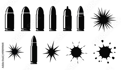 Revolver Bullet and Bullet Hole Icon Set, vector graphics of handgun bullets