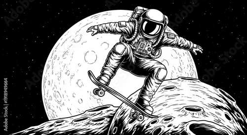 Astronaut skateboarding on the moon's surface with a full moon in the background.
