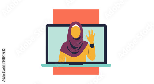 Woman wearing hijab waving on laptop screen during online meeting or video call.