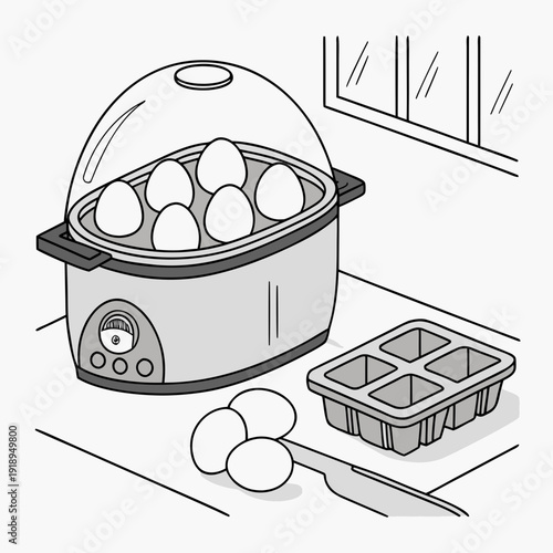 Illustration of an electric egg cooker with eggs inside and a tray on a kitchen counter, modern breakfast appliance