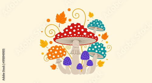 Colorful illustration of various mushrooms and leaves in a whimsical design.