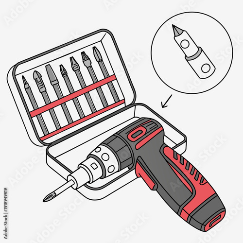 Illustration of a red and black electric screwdriver with a set of various drill bits in a case, highlighting a close-up of a bit.
