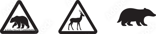 Road safety wildlife warning signs with animal silhouettes. Vector icon set.