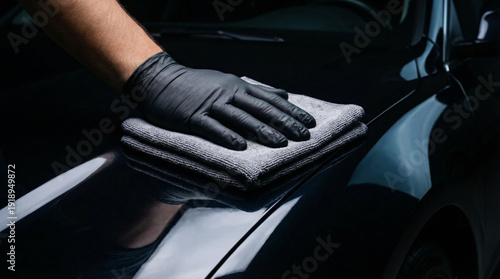 Automotive worker with black gloves carefully polishing a dark car's hood using a soft microfiber cloth. Creating a high shine finish and enhancing the vehicle's aesthetic appeal and paint protection