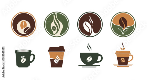 Coffee logos and coffee cups in various designs and colors.