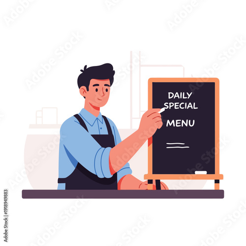 Restaurant owner writing daily specials menu on chalkboard for customers